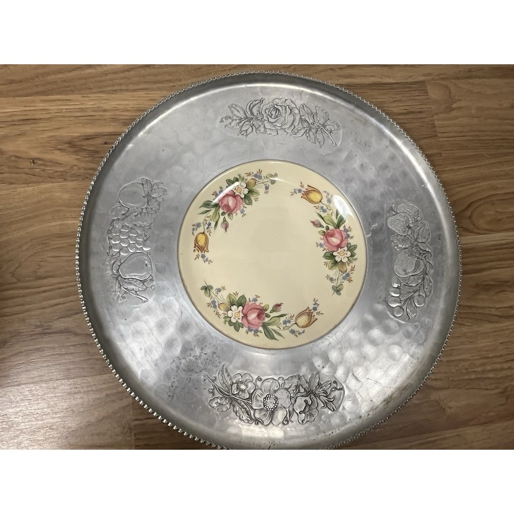 CROMWELL HAND WROUGHT VINTAGE HAMMERED ALUMINUM/CERAMIC FLORAL PATTERN BOWL